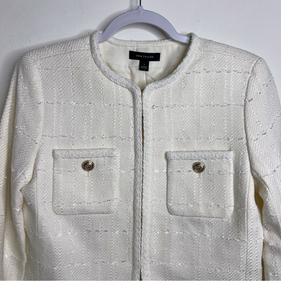 Ann Taylor Tweed Trimmed Patch Pocket Jacket Winter White - Picture 6 of 16